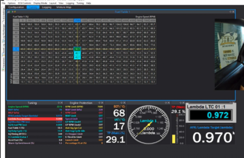 ECU screenshot showing throttle position and lambda at atmospheric pressure during turbo engine tuning