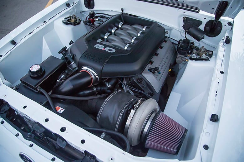 Turbocharged Ford Coyote V8 engine bay
