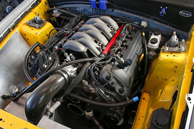 Ford Mustang engine bay with Coyote V8