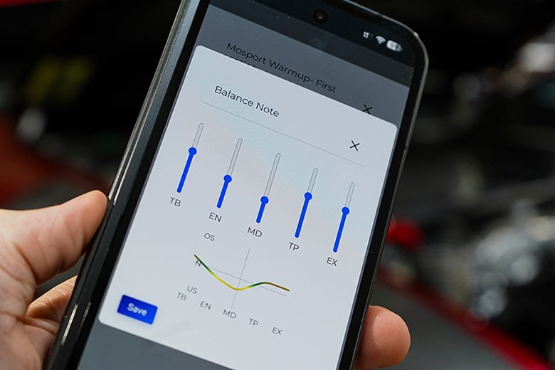 Hot Setup app balance note showing vehicle handling observations