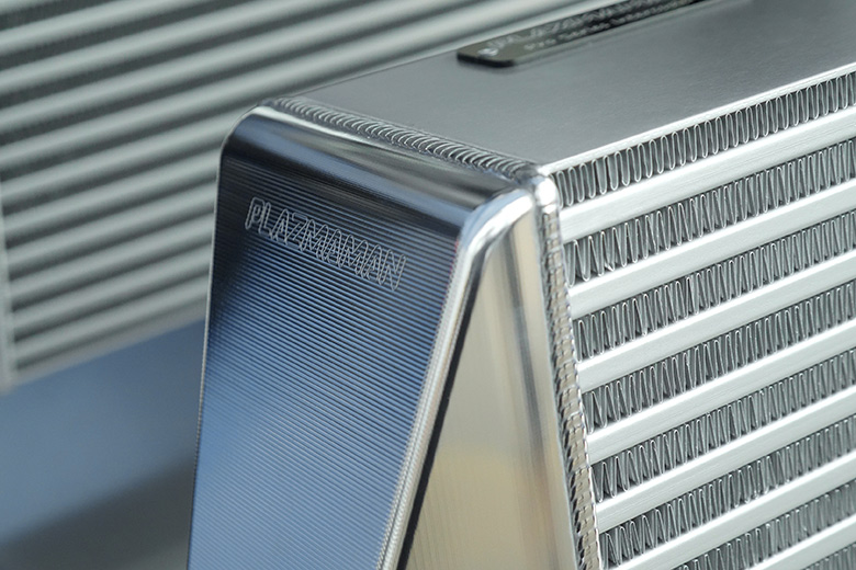 Bar and plate intercooler core showing the external cooling fins