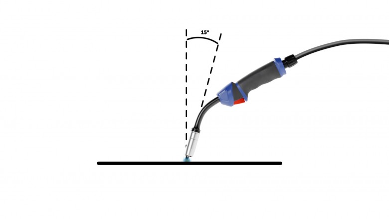 Diagram showing correct MIG torch angle for achieving proper weld penetration