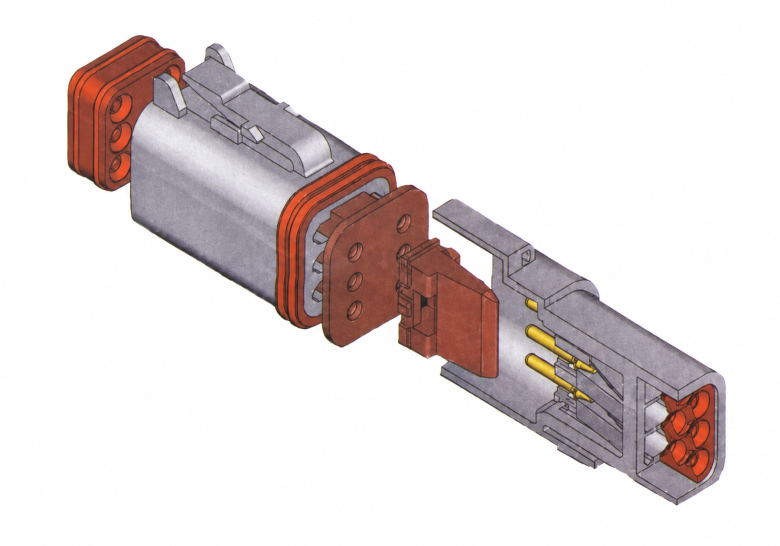 Deutsch DT connector body with wedge lock and pin terminals cutaway image