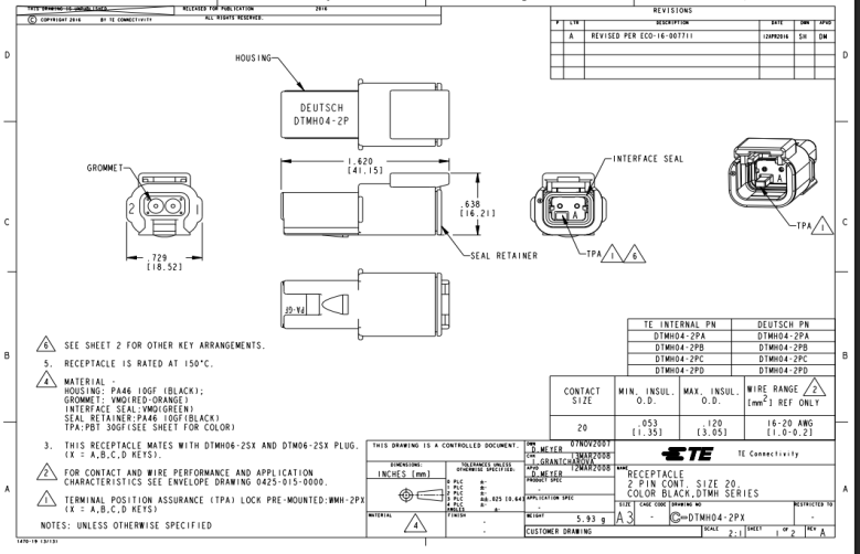 Detailed schematics and measurements of Deutsch DT connector