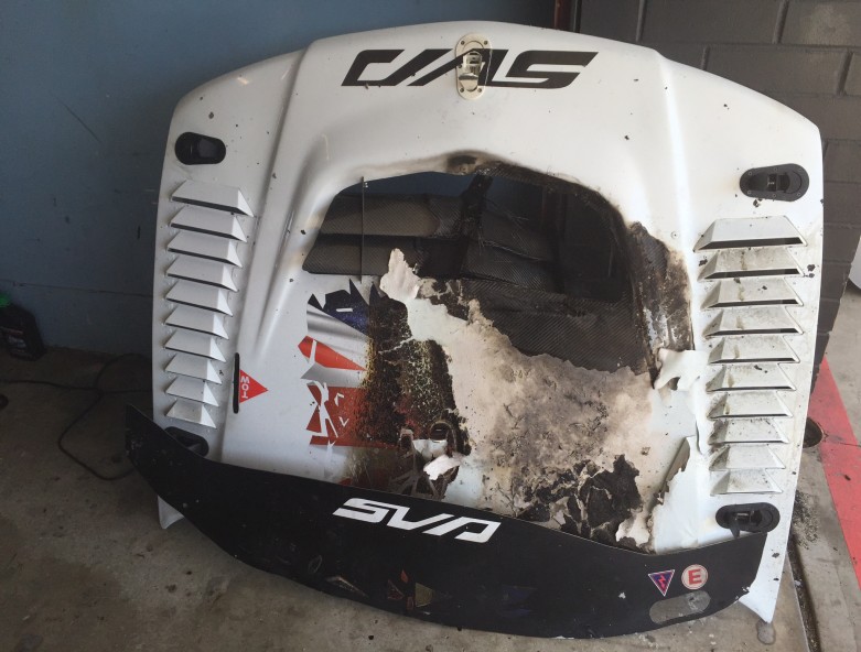 car fire 1 Car engine bay wiring fire caused by inadequate wire insulation, showing the dangers of using PVC wire in motorsport applications