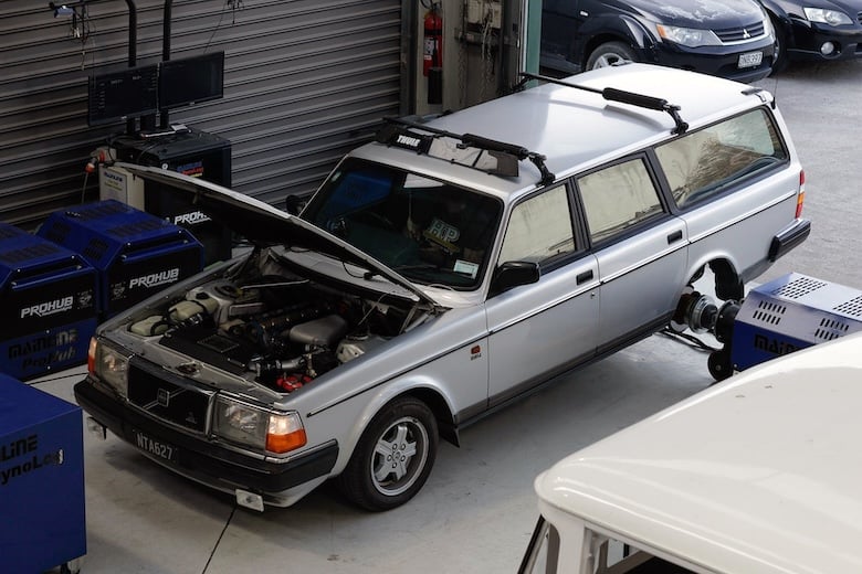 Volvo 240 on the dyno at High Performance Academy during ZF 8HP transmission tuning.
