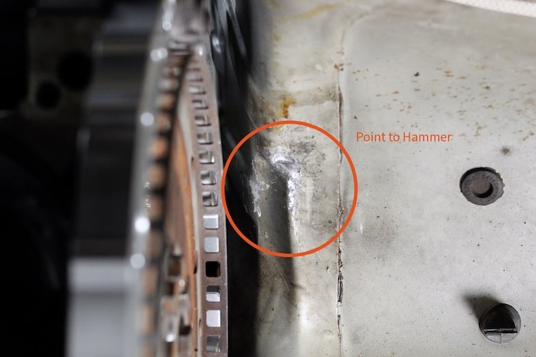 Close-up of the Volvo 240 transmission tunnel area requiring clearance for the ZF 8HP bellhousing.