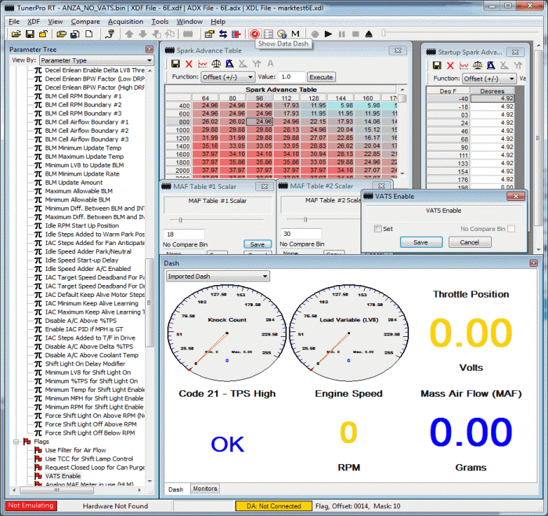 TunerPro ECU calibration workspace showing loaded definition file and calibration tables