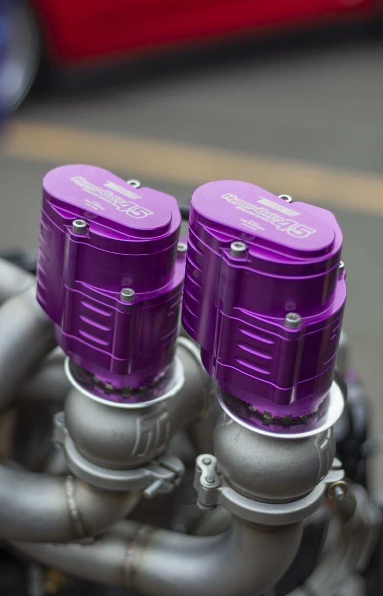 twin Turbosmart Hypergate 45 external wastegates in purple