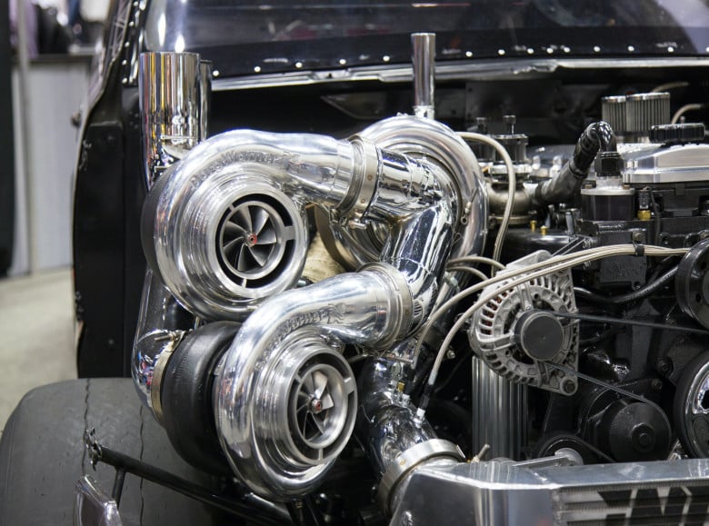 Large performance turbochargers illustrating the airflow requirements of high-powered engines.