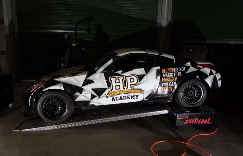 Car being tuned on a dynamometer in a dyno cell